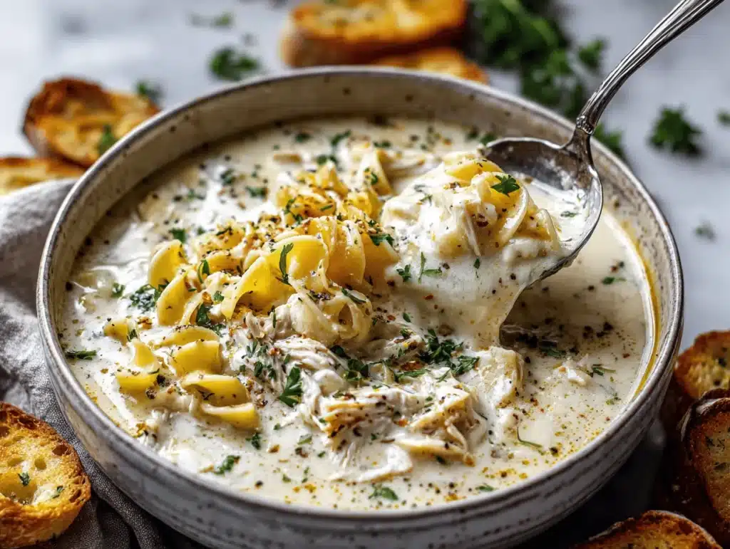 creamy garlic white chicken lasagna soup - featured image