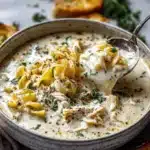 creamy garlic white chicken lasagna soup - featured image