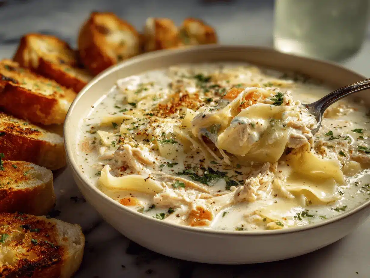 creamy garlic white chicken lasagna soup preparation steps