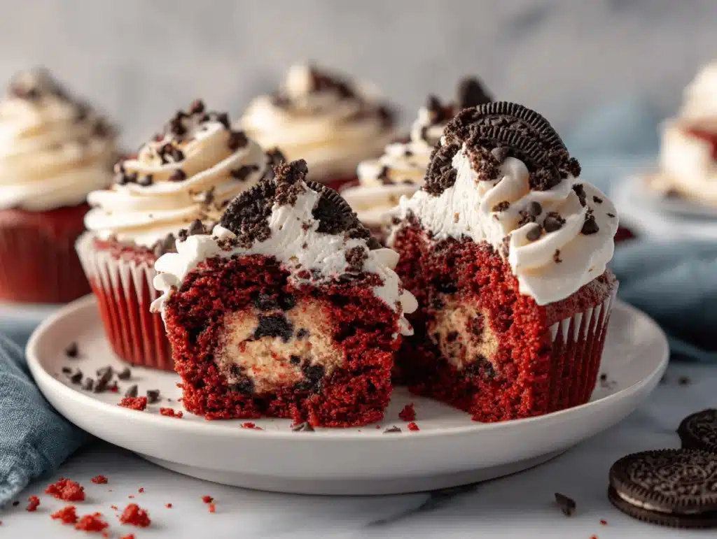 Oreo Cookie Dough Stuffed Red Velvet Cupcakes - featured image