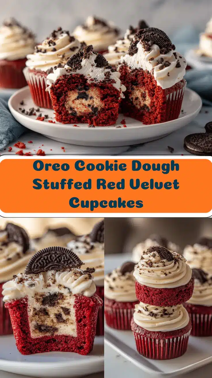 Oreo Cookie Dough Stuffed Red Velvet Cupcakes recipe