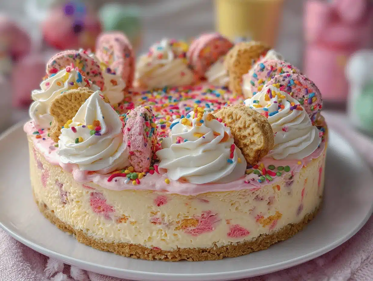 frosted animal cookie cheesecake - featured image